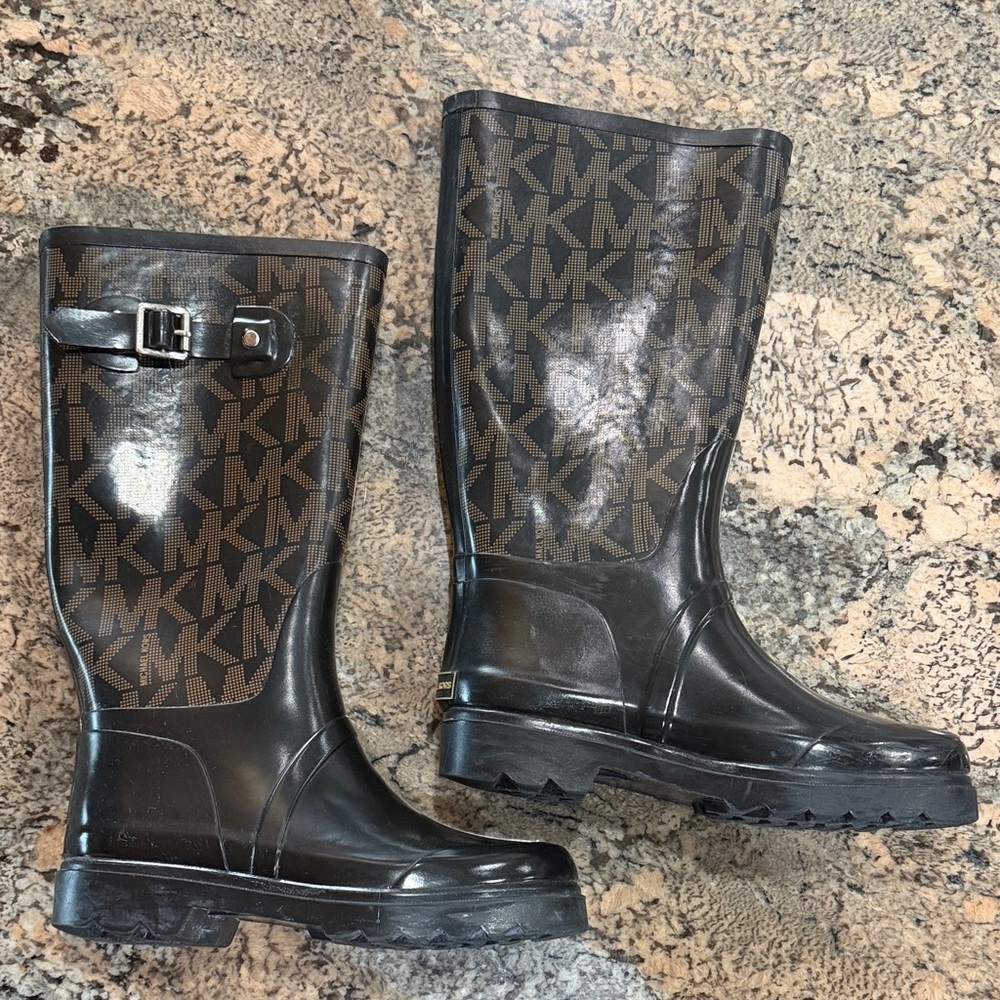 Michael Kors Black and Brown Logo Rain Boots